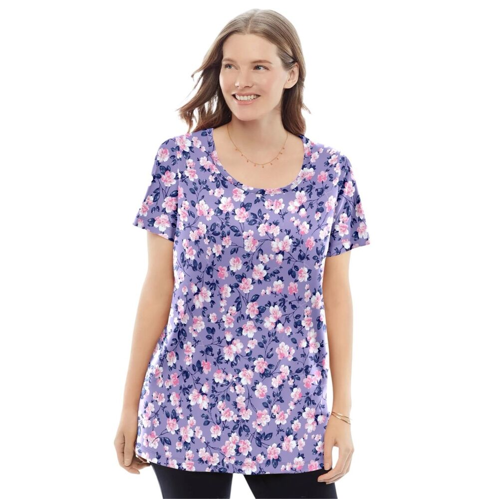 Woman Within Plus Size 3X Top 30W 32W Printed Short Sleeve Scoop Tee Purple 1022